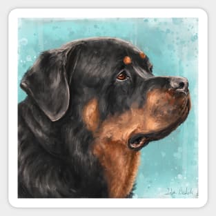 Painting of an Adorable Rottweiler from the Side, Light Blue Spattered Background Sticker